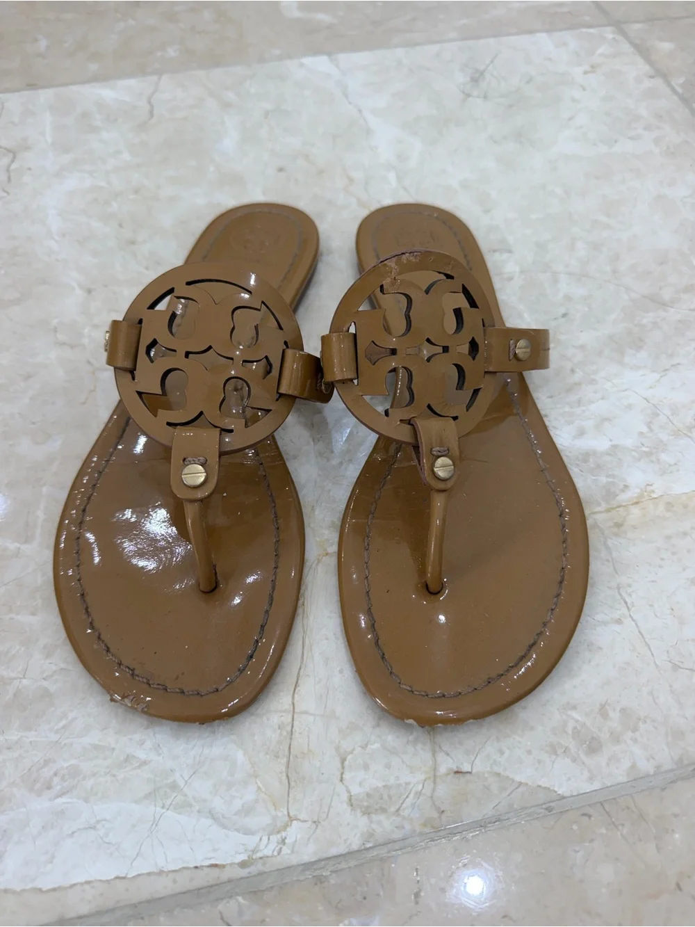 Tory Burch Tan Patent Leather Thong Sandals
